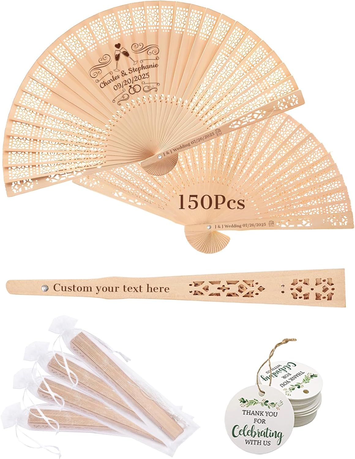 HJX Personalized Wooden Folding Fans for Wedding Custom Engraved Hand Fans Bulk Personalized Birthday Party Favors for Guests (150)