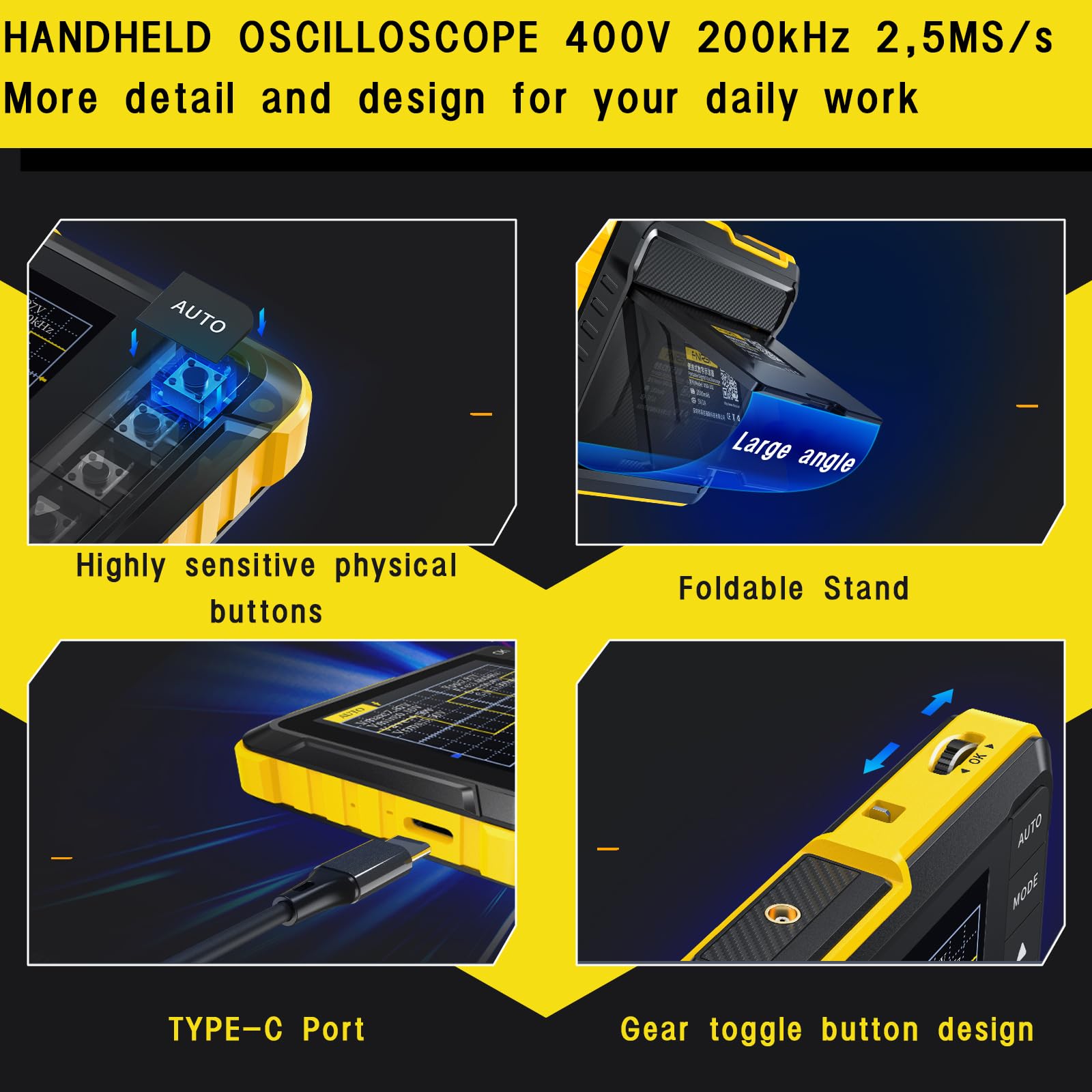 Oszilloskop Handheld, 400V 200 kHz 2,5 MS/s Oszilloskop, Echtzeit-Abtastrate Handoszilloskop mit OTA-Upgrade-Funktion, Tasche Oszilloskop für Einsteiger, Tragen Oszilloskop-Instrument