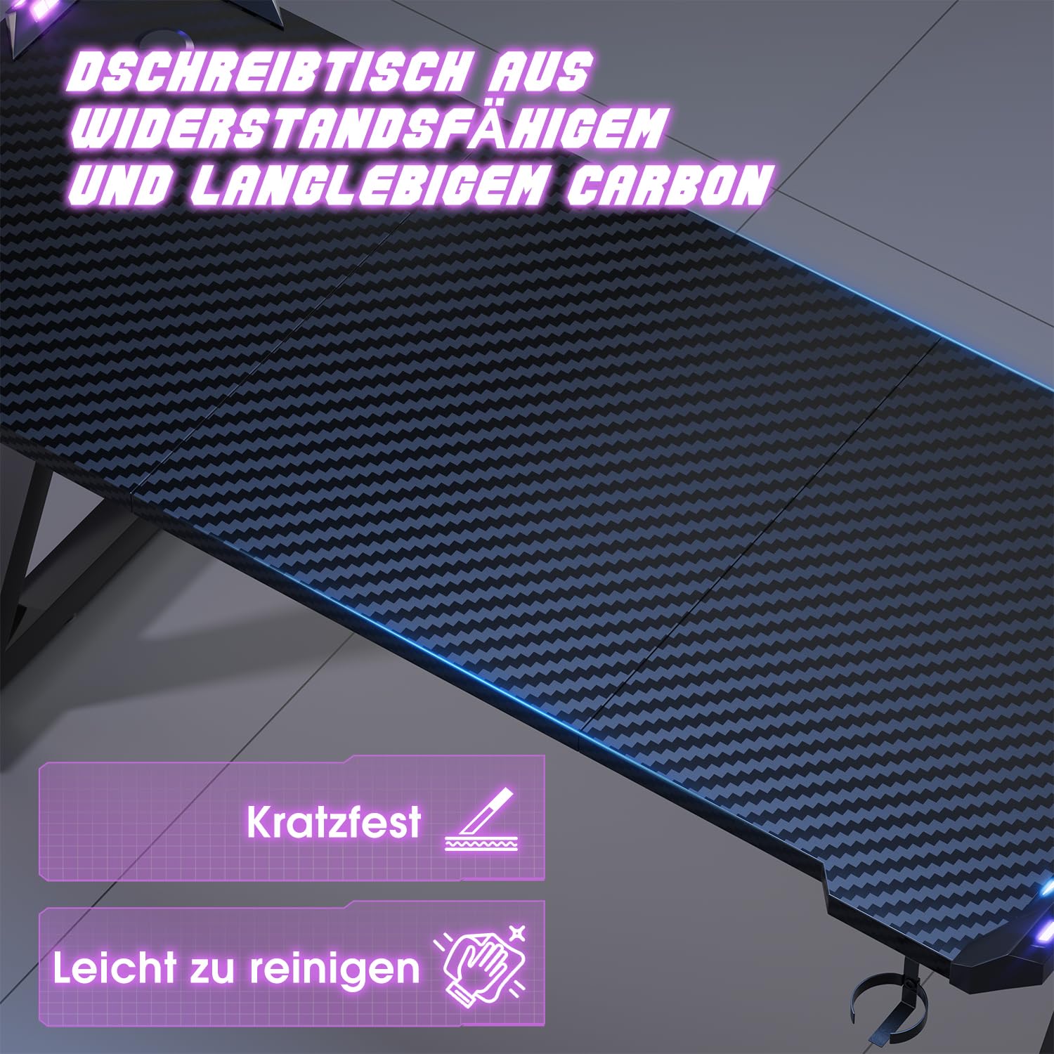 Devoko 120 x 60 cm Gaming Tisch, Gaming Schreibtisch mit LED, Kohlefaser-Oberfläche, Ergonomic Gamer Tisch with Drink Holder, Headphone Hook, Stabiler Computertisch