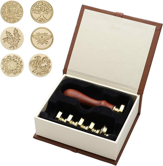 Mogokoyo Wax Sealing Stamps Set, 1 Piece Wooden Handle and 6 Pieces Removable Sealing Copper Head, Vintage Classic Brass Seal Stamp Kit with Gift Box