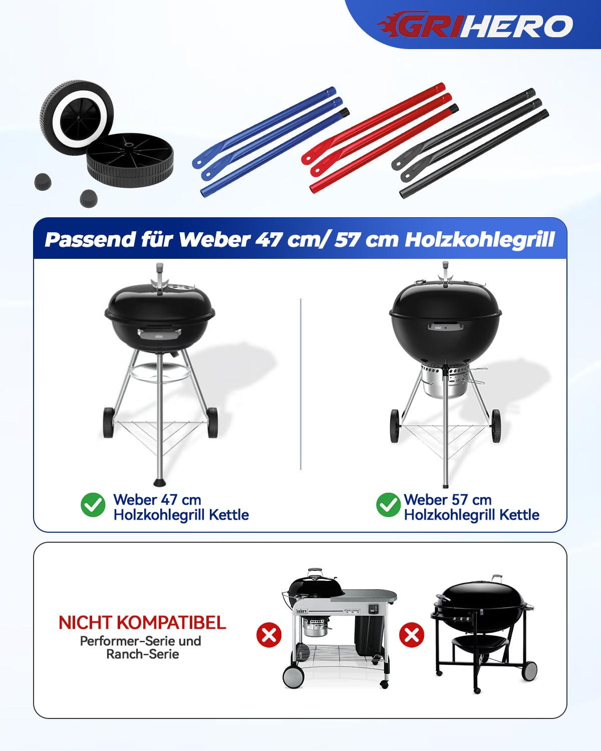 Gambe anteriori e ruote per barbecue Weber Kettle, gambe anteriori rosse