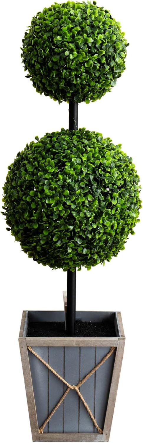Nearly Natural 3ft. UV Resistant Artificial Double Ball Boxwood Topiary with LED Lights in Decorative Planter (Indoor/Outdoor)