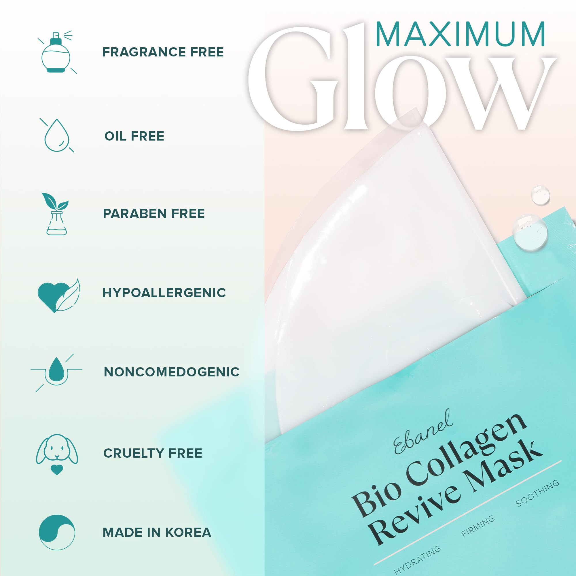 Ebanel Bio Collagen Face Mask, 4-Pack Hydrating Face Masks with 7 Peptides, Hyaluronic Acid, Niacinamide, Centella, Rose Water, Ceramide, and B5, Glass Skin Tightening and Lifting Korean Sheet Masks