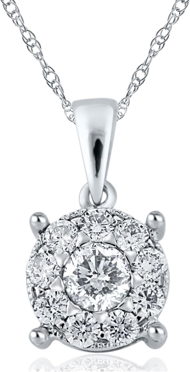 14k, White Gold Round Cluster Solitaire Pendant-0.75ct