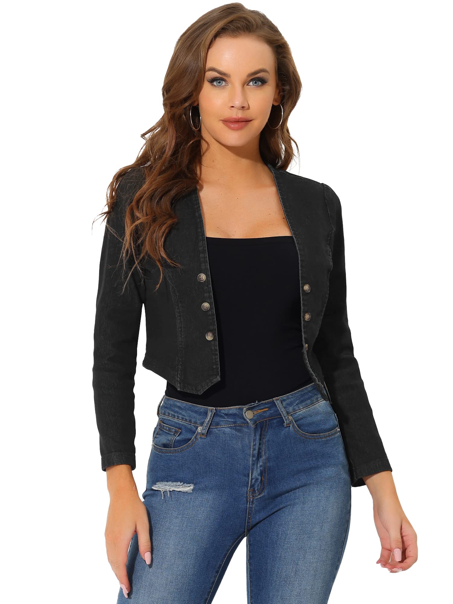 Allegra K Giacche in Denim per Donna senza Colletto Cardigan in Jeans Corto Doppiopetto Aperto Sul Davanti