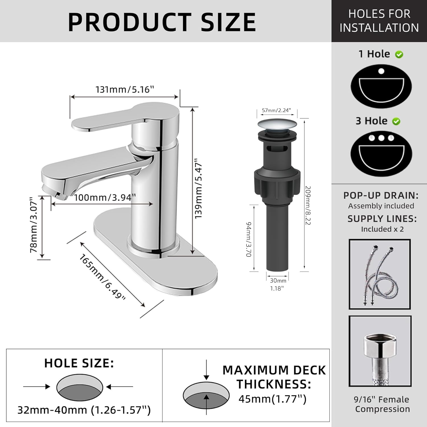 BELZ Bathroom Faucet, Single Handle Matte Black Sink Faucet for 1 or 3 Hole Installation, Modern Lead-Free Metal Vanity Faucet with Pop-Up Drain & Supply Hoses (Polished Chrome)