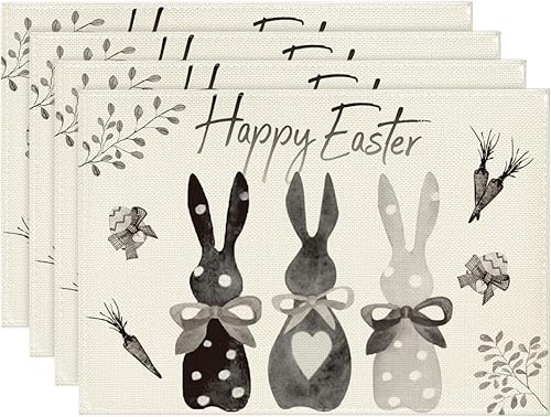 Artoid Mode Juego de 4 manteles individuales de primavera de 12 x 18 pulgadas con diseño de conejo de conejo blanco y negro, para decoración de