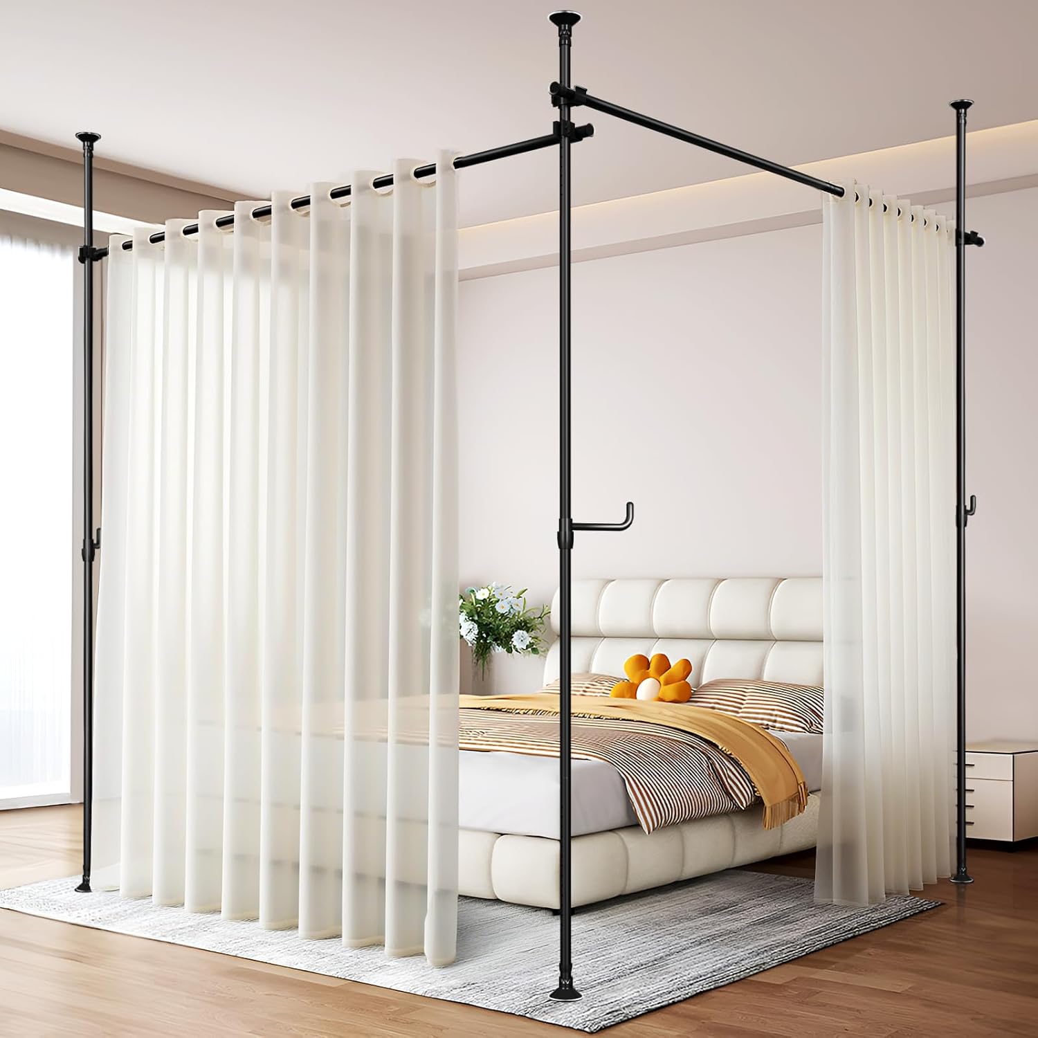 Seamless Room Divider Curtain Rod - No Drilling Space Partition Adjustable Privacy Separator, 4-10ft(H) 28-161inch(W) Adjustable, Heavy Duty Freestanding Tension Curtain Stand, Black