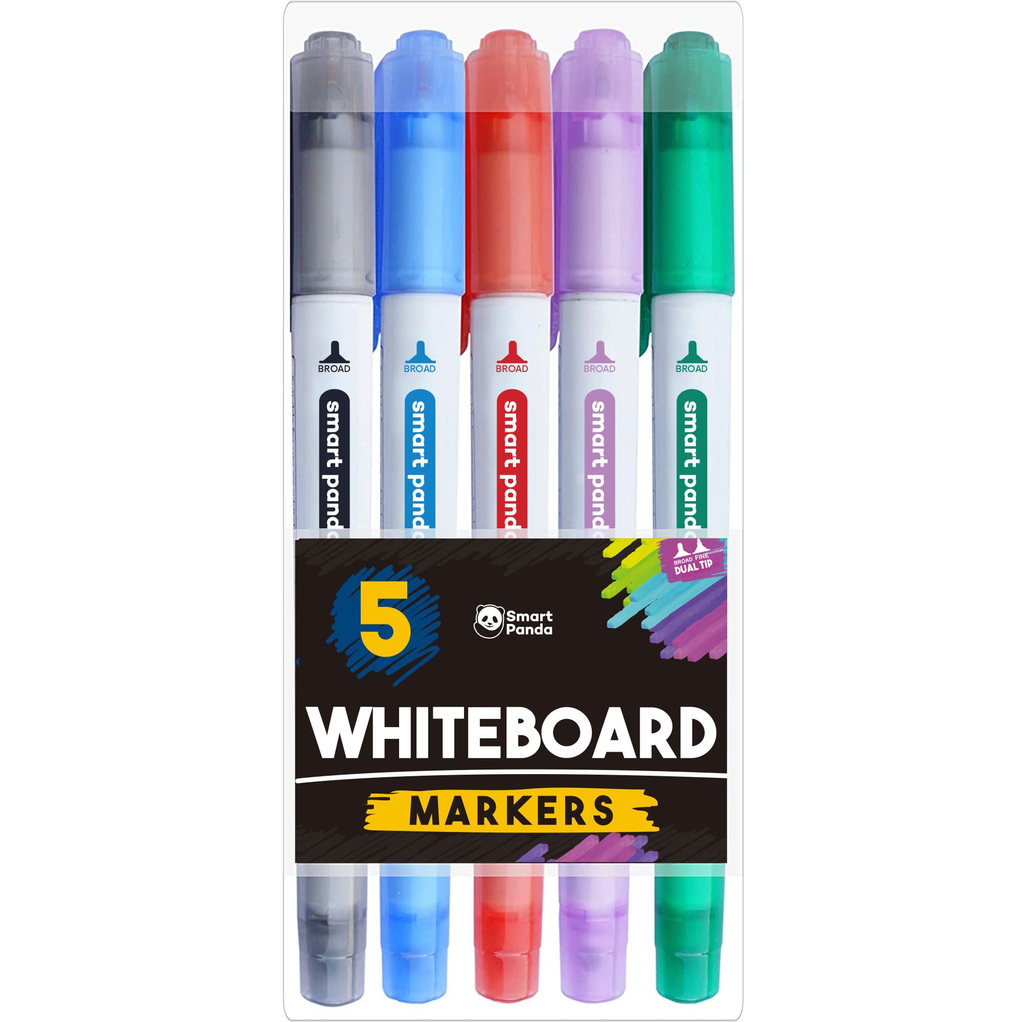 Rotuladores Pizarra Blanca de SmartPanda – Rotulador Pizarra Blanca, Punta Doble, Mediana y Fina – Rotuladores Punta Fina para Pizarras Blancas - Borrado en Seco para el Hogar u Oficina – 5 Colores