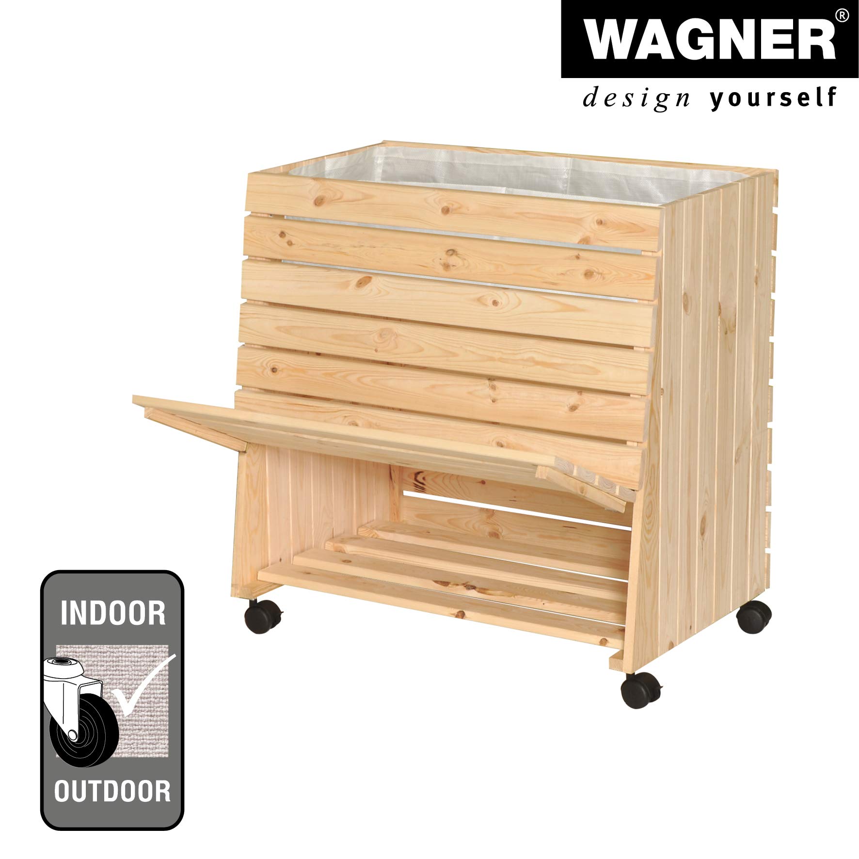 WAGNER GreenFAMILY - Huerto Urbano móvil - GreenBOX - XL - Madera Blanda Maciza, FSC®, Natural, 79 x 80 x 53/43 cm, 4 Ruedas, 2 Frenos, Tapa de Almacenamiento, Incl. Bolsa para Plantas - 25013101