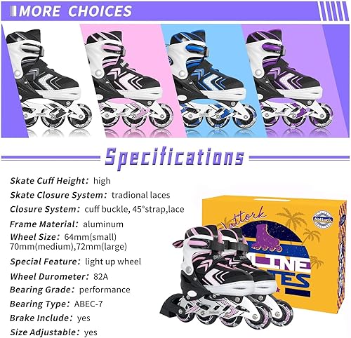Miniatura 6 de Nattork Patines en línea para niñas y niños con ruedas de luz completa, patines ajustables para principiantes para niños y jóvenes, morado, rosa,
