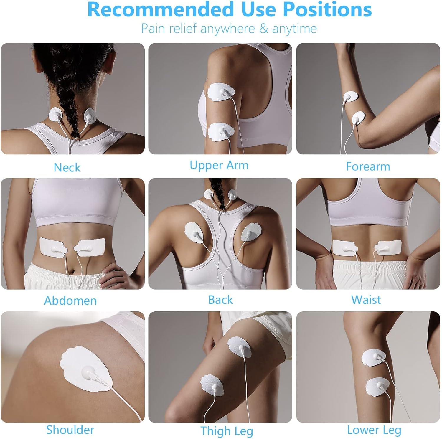 Diagram showing recommended electrode pad placement positions on various body parts like neck, arm, abdomen, back, waist, shoulder, and legs.
