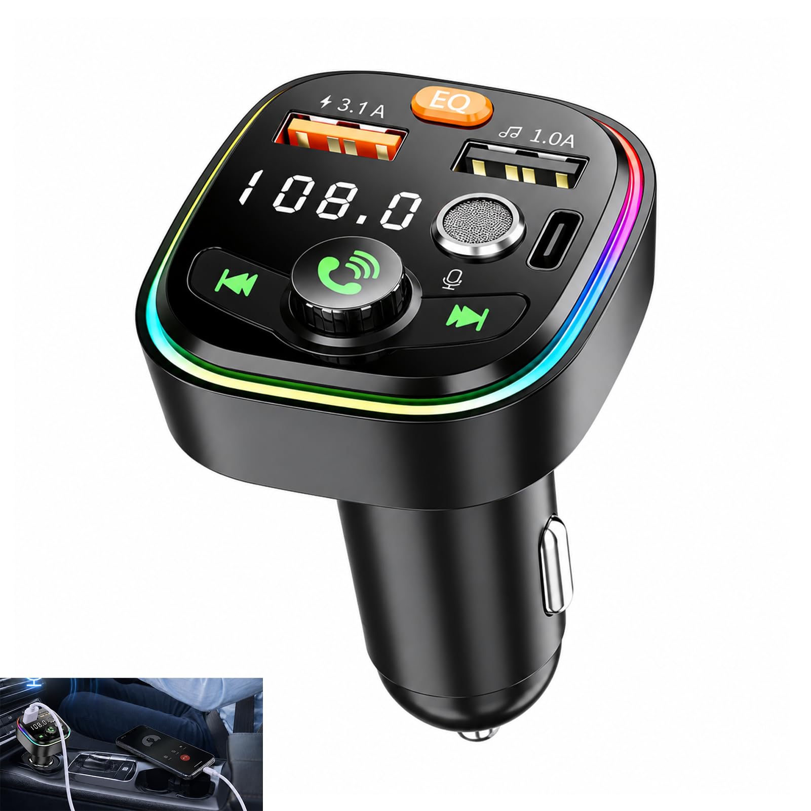 FM Transmitter Auto Bluetooth, Bluetooth FM Transmitter Auto Freisprecheinrichtung 3-in-1 Radio Adapter Schnellladung PD 18W & Typ-C 12–24V Hi-Fi Stereo Bass Kompatibel Smartphones Tablets