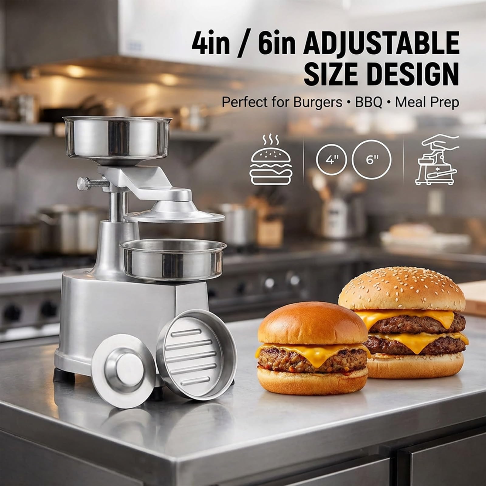 Hamburgerpresse Patty Maker mit 10,2 cm 15,2 cm Formen, Edelstahl-Burgerpresse mit 500 Patty-Papieren für Grill, Zuhause, Küche, Lebensmittelwagen