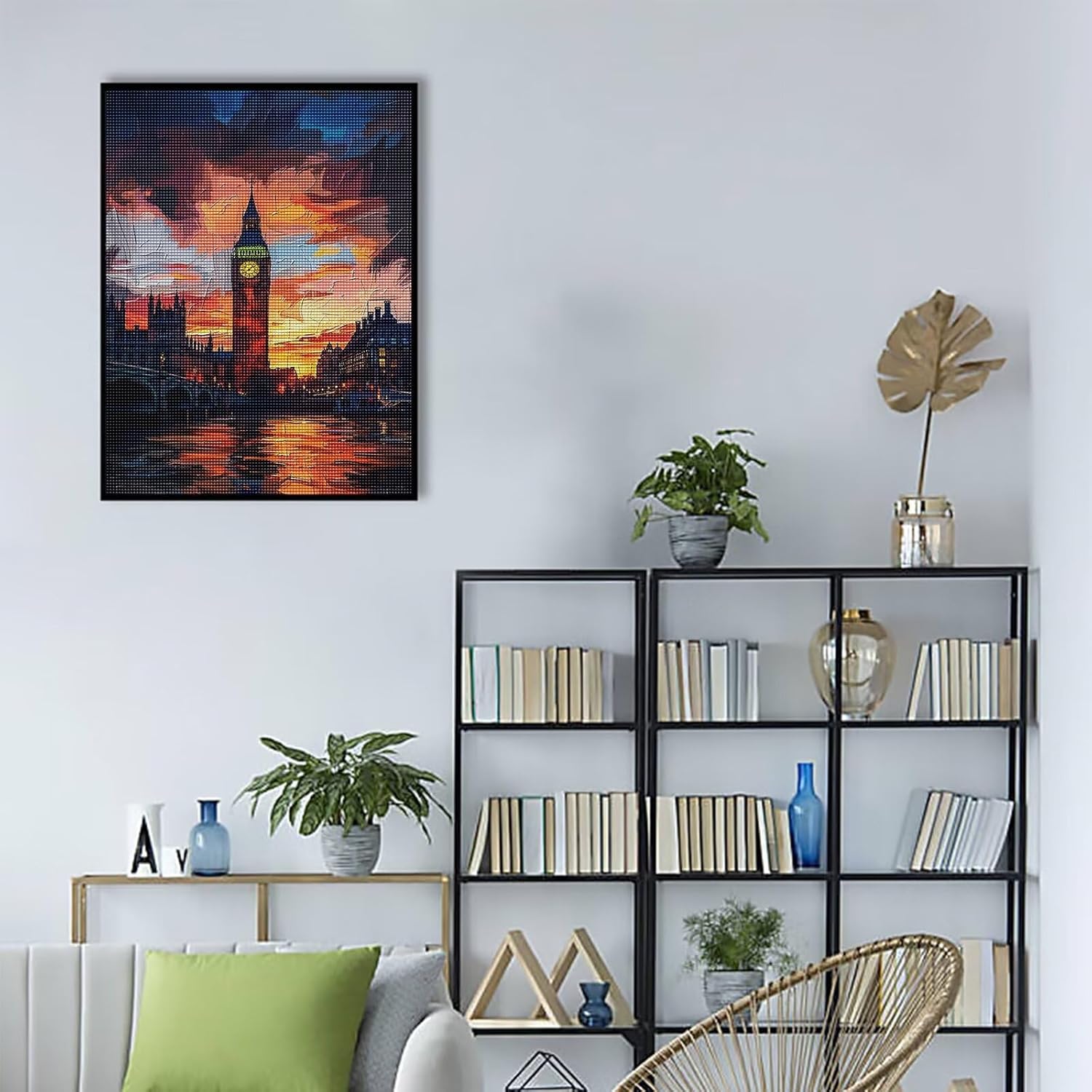 DIY Diamond Painting Set Oil Painting Clock Tower with Sunset Reddish Sky,Gemstone Art with Diamond Painting for Home Wall Decoration 20x20 Inches