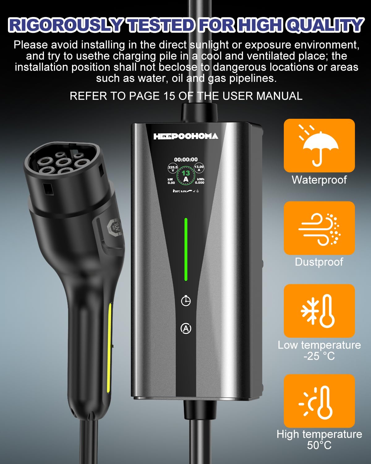 EV Charger 10M, 3 kW 6-13A 3 Pin EV Charger, Portable Electric Car Charger Cable Type 2 to 3 Pin Plug for up to 12H Delayed Start Charging with 2.4″ Screen, IP67 for EVs & PHEV - 5