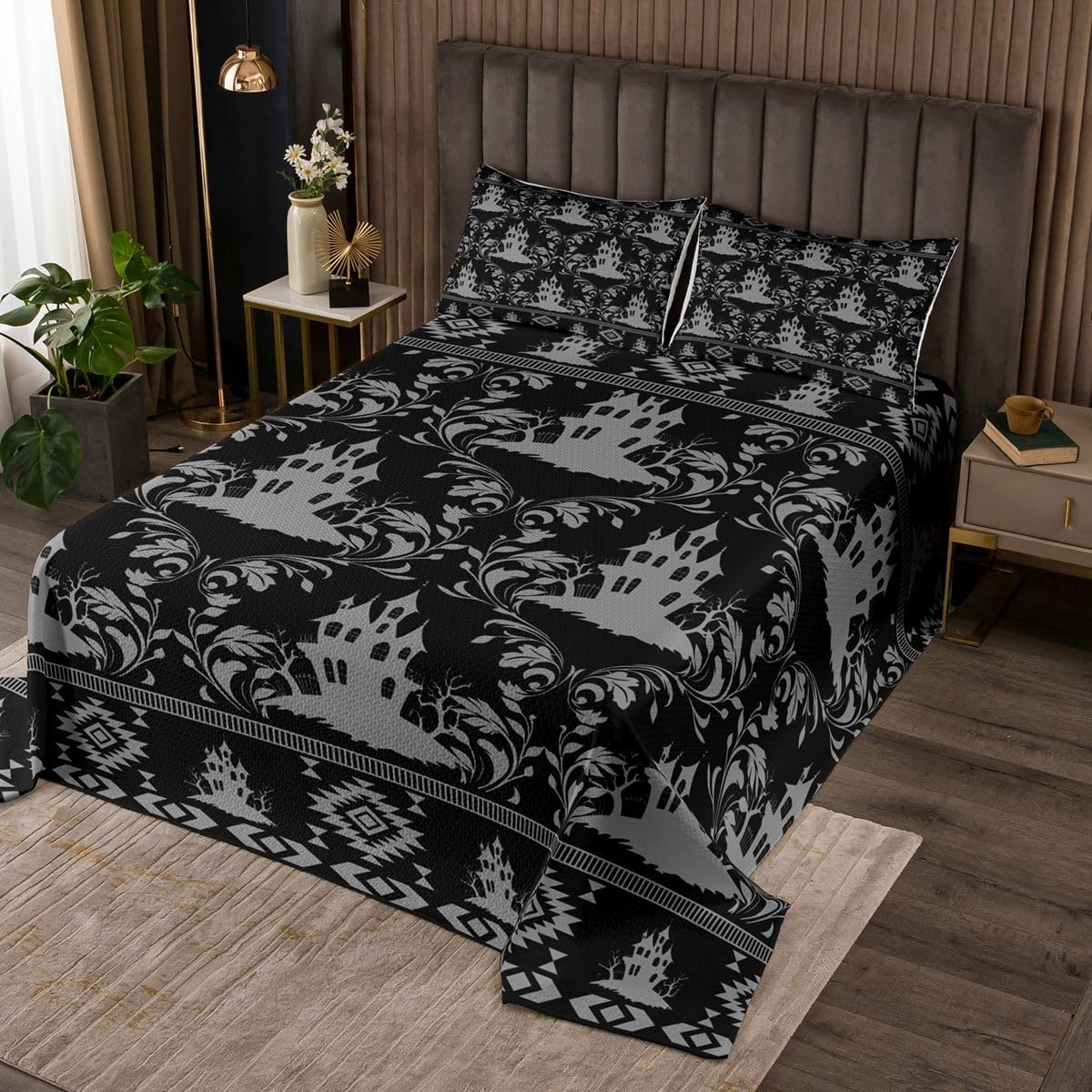 Erosebridal Crow Quilt Set Goth Witchy Damask King Bedspread Set Spooky Aztec Coverlet Sets Retro Floral Scroll Baroque Victorian Quilted,Black Dark Academia Decor