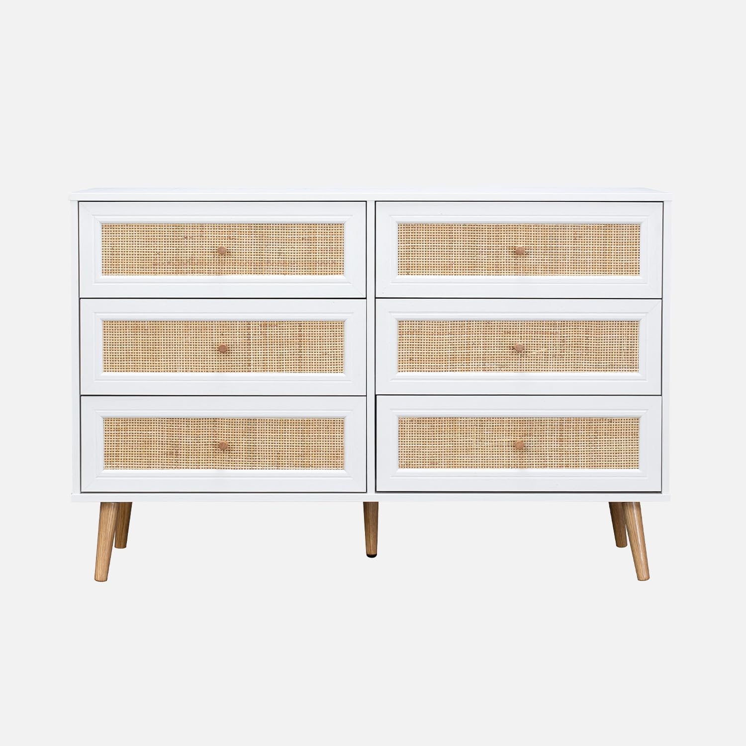 sweeek - Commode décor Bois et cannage 6 tiroirs Bohème. Blanc - 120x39x79cm