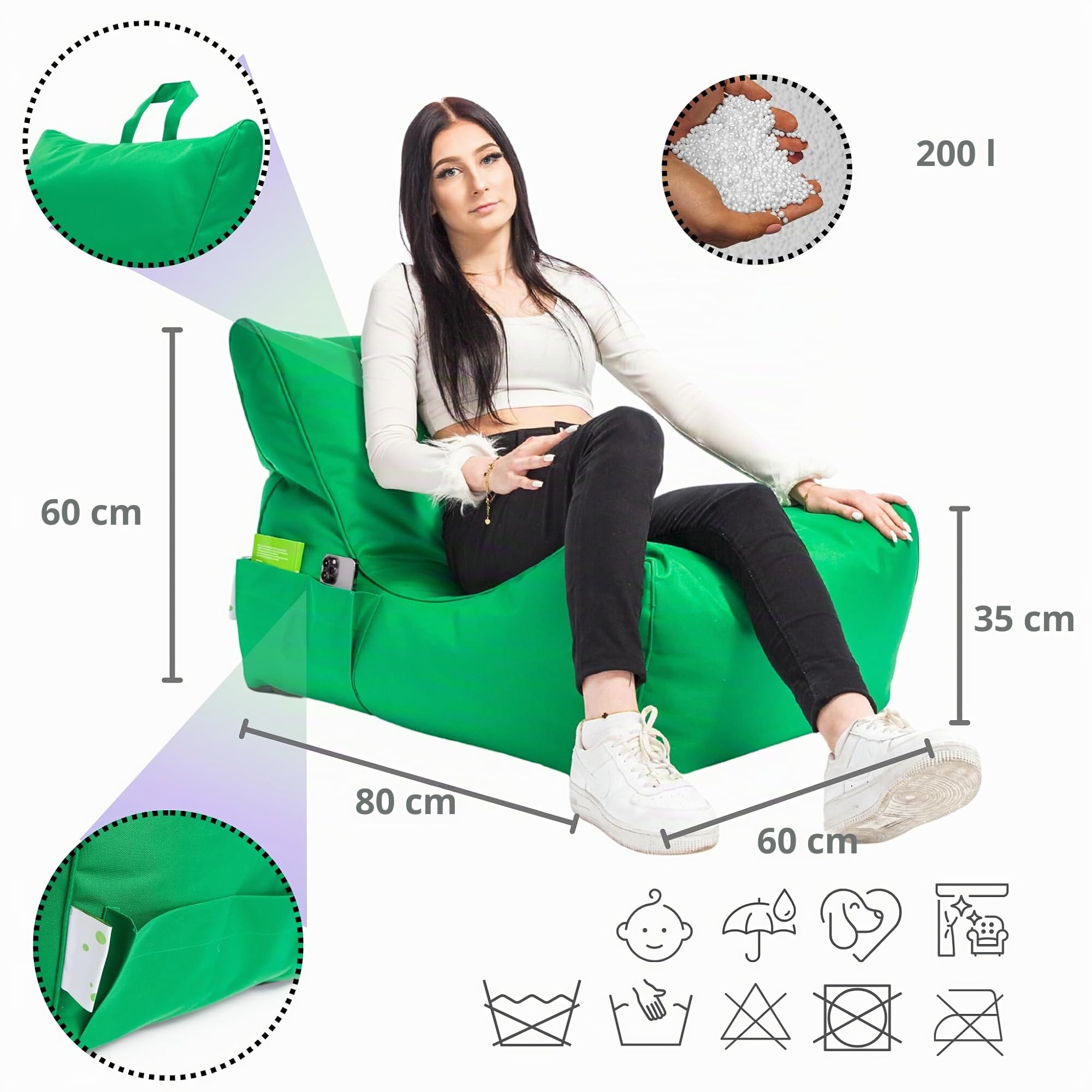 Ecopuf - Pouf Poltrona a Sacco da Esterno Chaise Longue - Puffo per Sedersi con Tasca Portaoggetti e Maniglia - Puff in Tessuto Impermeabile - Poltrona Relax - Arredamento Casa - Panna Nc18