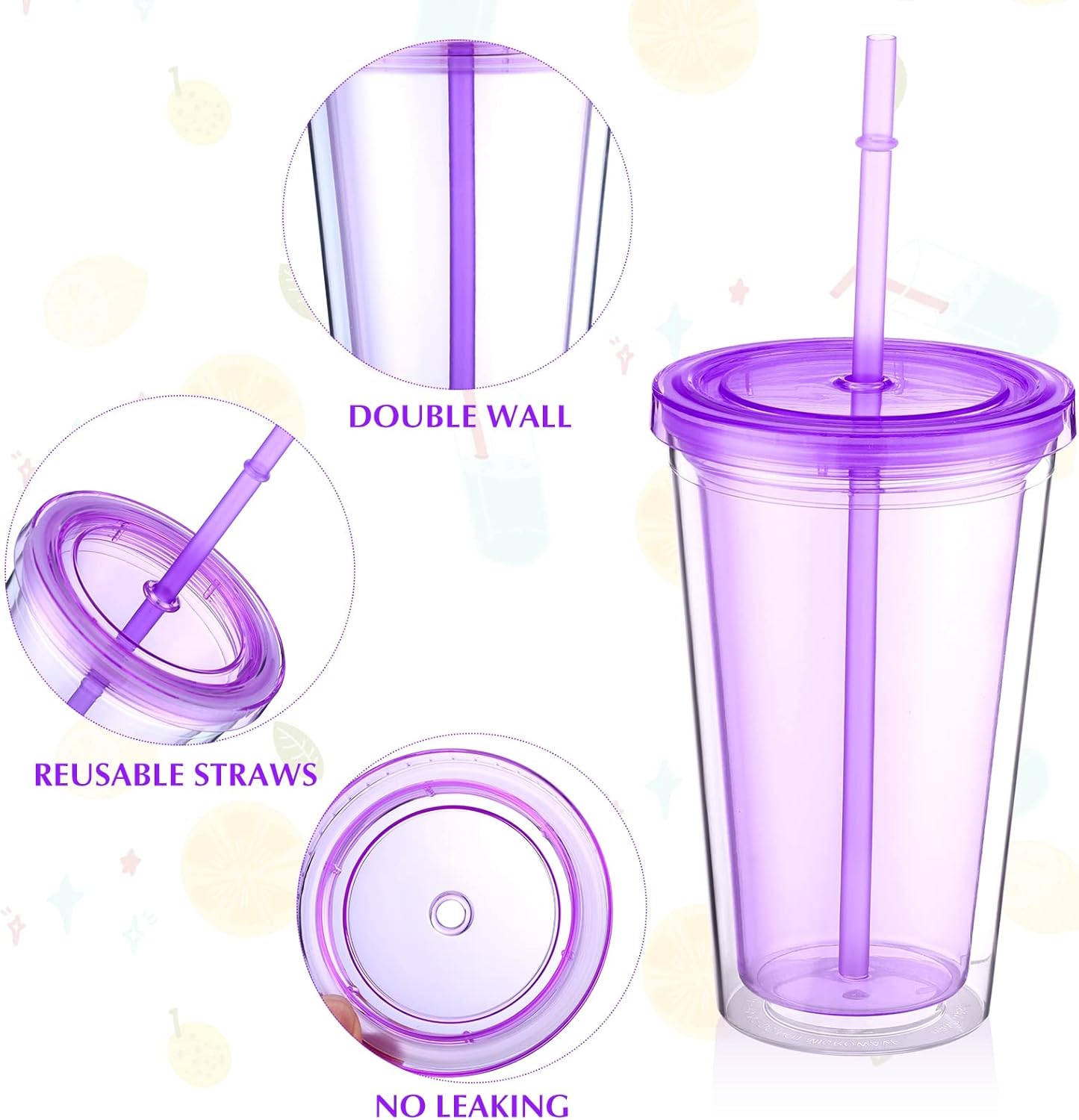 Nuogo 4 Pieces Insulated Double Wall Plastic Tumbler with Lids and Straws Reusable Transparent Plastic Cup 16 oz Tumbler Bulk for Coffee Drinks Milk Tea Juice, Pink, Blue, Green, Purple - Image 3