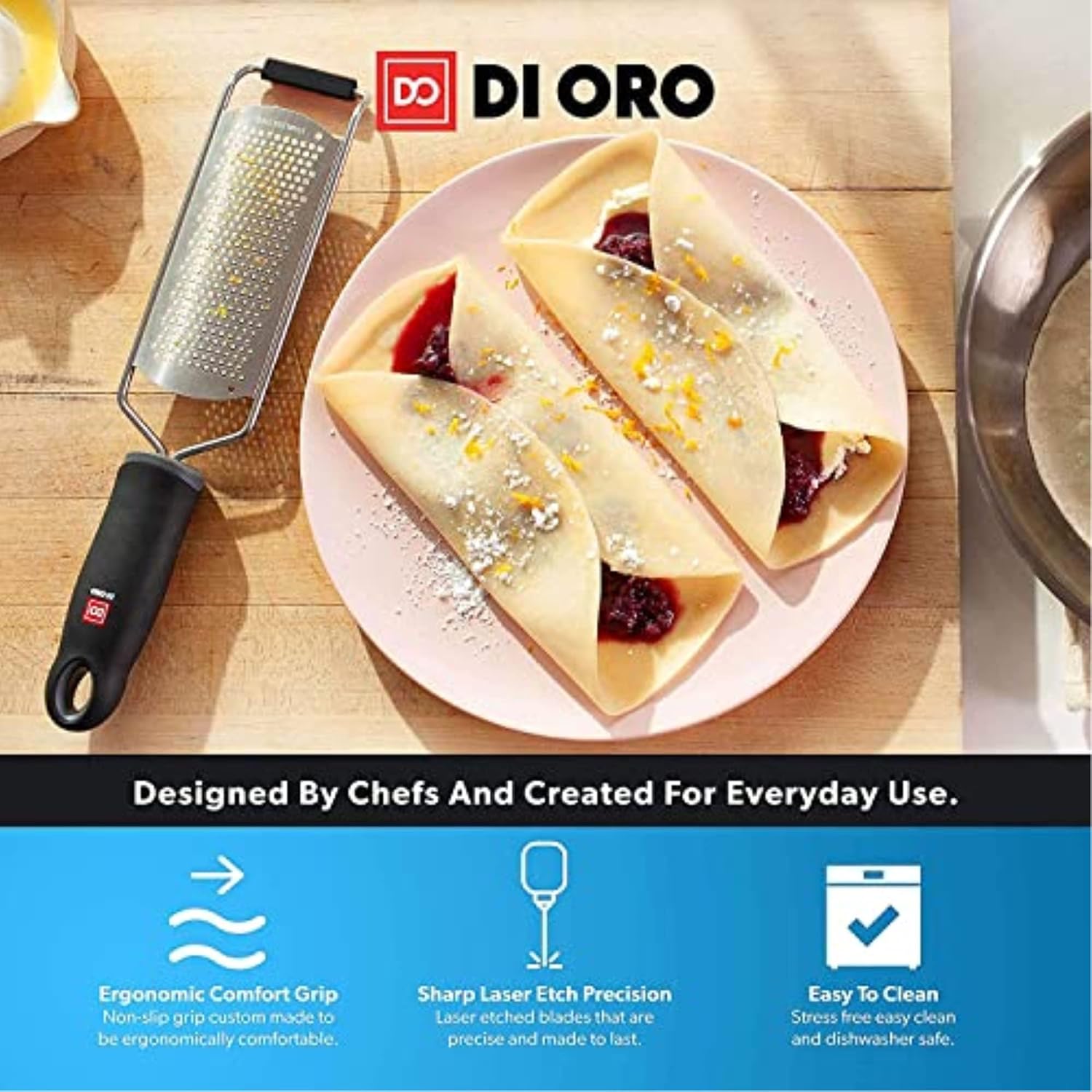 DI ORO Hand Held Cheese Grater & Lemon Zester Set – Kitchen Cheese Grater with Handle Stainless Steel & Fine Citrus Zester Grater for Cooking & Baking - For Vegetables, Cheeses, & Other Food (2pc)