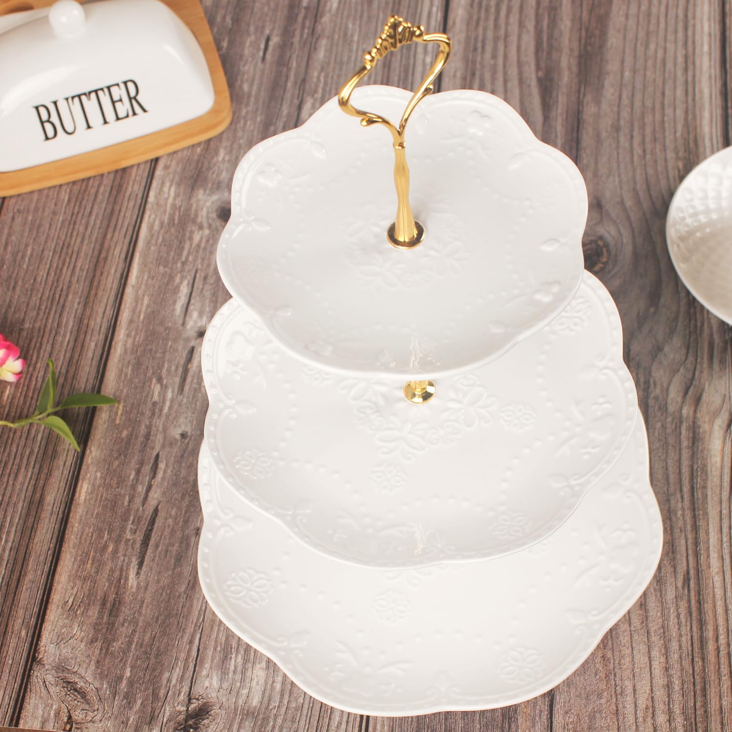 3 Tier Ceramic Combination Cupcake Stand Holder, Cupcake Stand Tower with Tiered Serving Tray for,Donuts, Fruits and More, Candy Bar Party Décor, Ideas for Weddings Gift (White Set of 2)