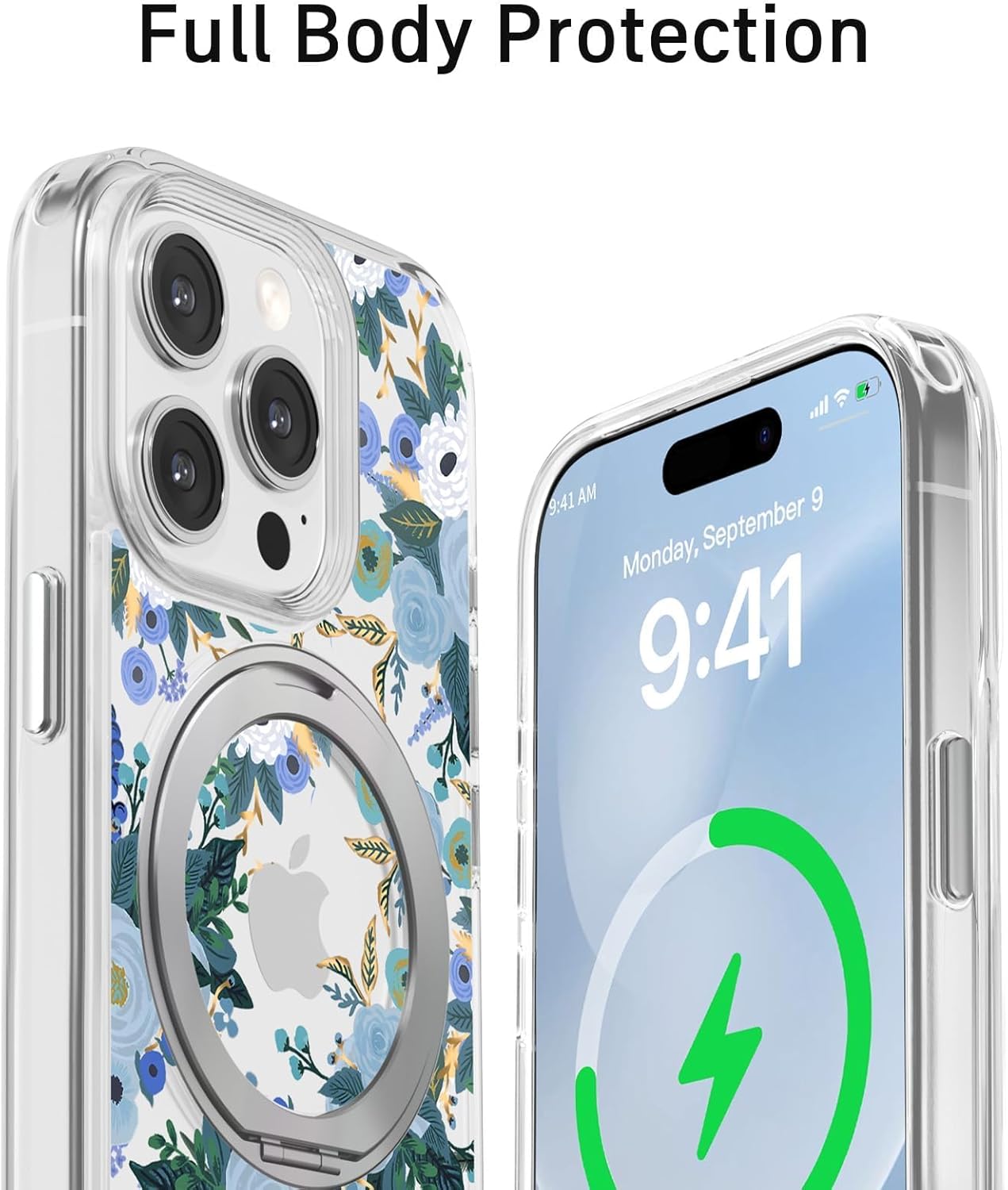 for iPhone 15 Pro Case with MagSafe Stand Ring for Women, Cute Spring Floral Design with 360° Kickstand Holder Magnetic Shock Proof Heavy-Duty Protection Blue Flower - Image 4