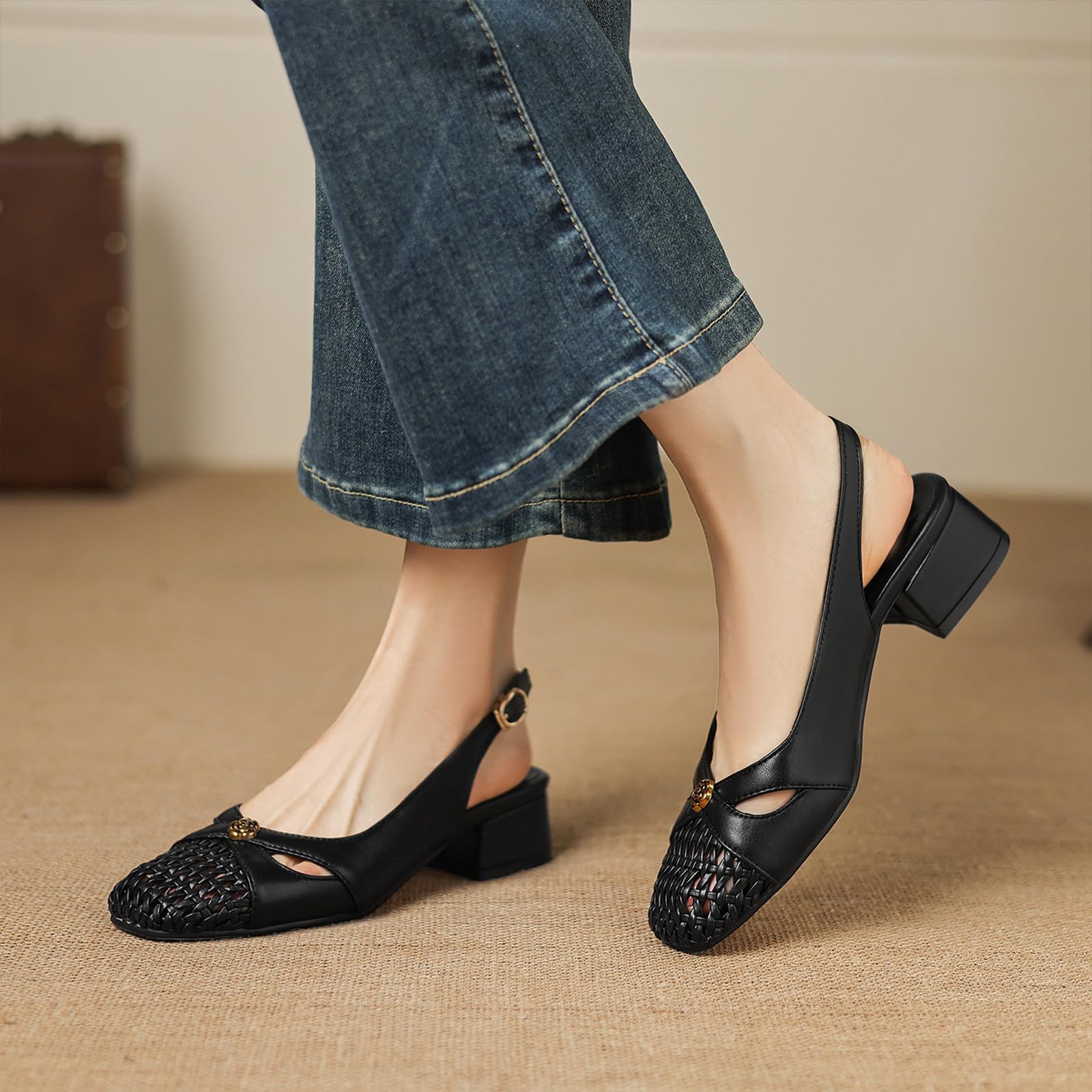 Sandalias Destalonadas Mujer Punta Cerrada Trenzadas Punta Cuadrada Tacón | Empeine Trenzado Suave, Punta Cuadrada, Correa Hebilla Ajustable, Tacón Bloque Estable 3.5cm