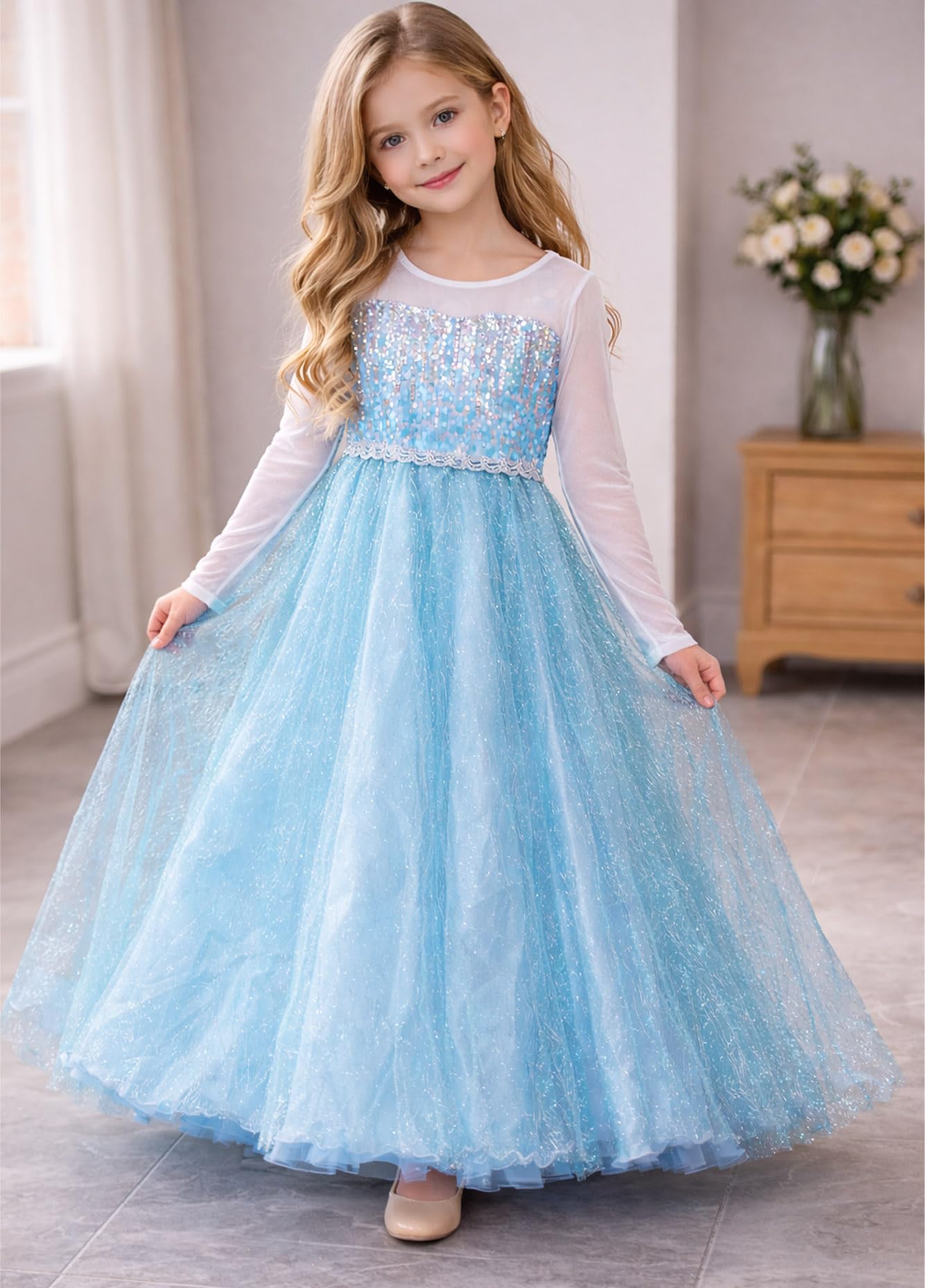 Davvew Enfant de Princesse, LED Déguisement Enfant, Robe Filles Costume, Halloween Noël Partie Carnaval Cosplay avec Accessoires