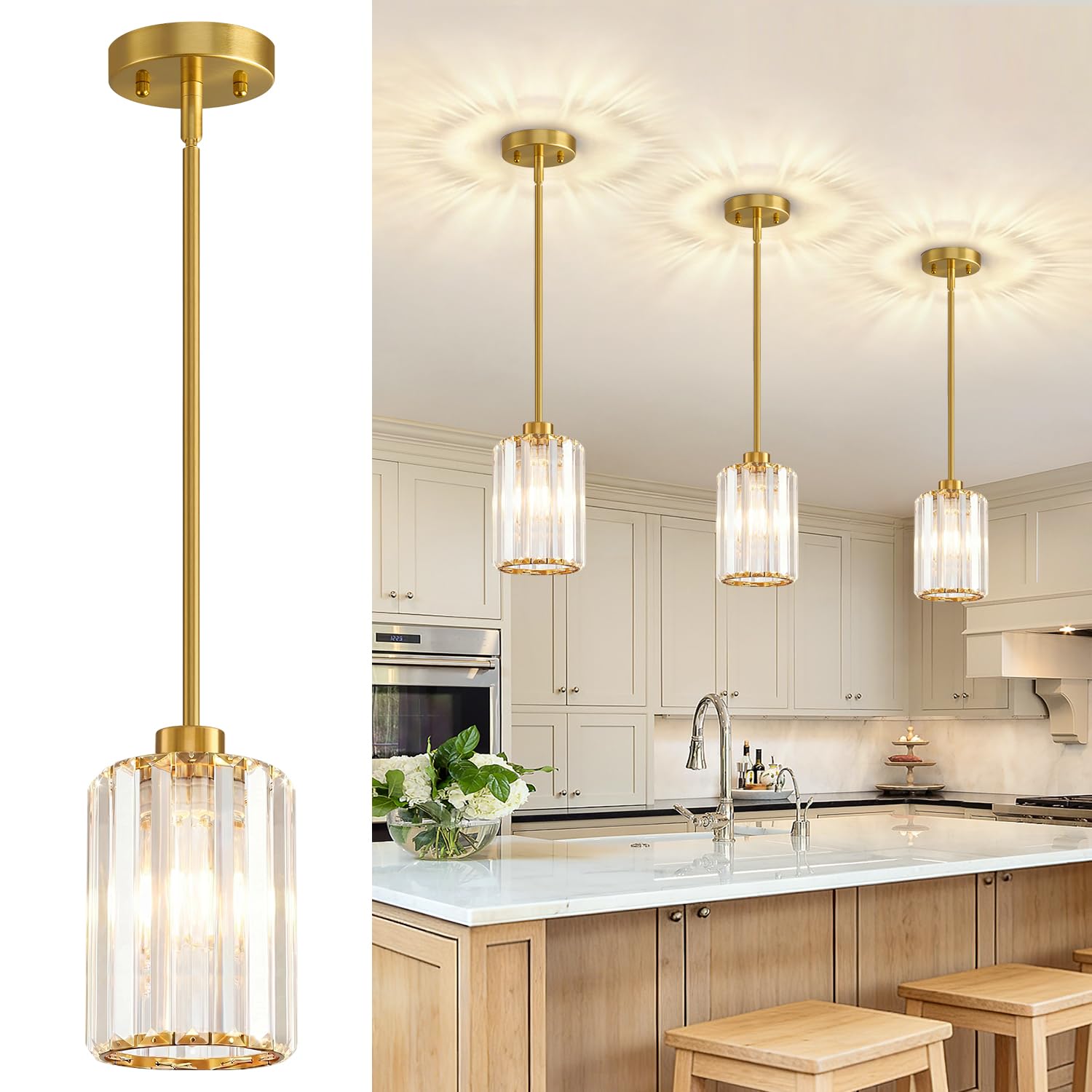 Photo 1 of 3 Pack Brushed Gold Pendant Lights Kitchen Island, Modern Crystal Chandelier Kitchen Pendant Lighting Over Island, Adjustable Hanging Mini Light Fixtures for Dining Room Hallway Corridor Bedroom
