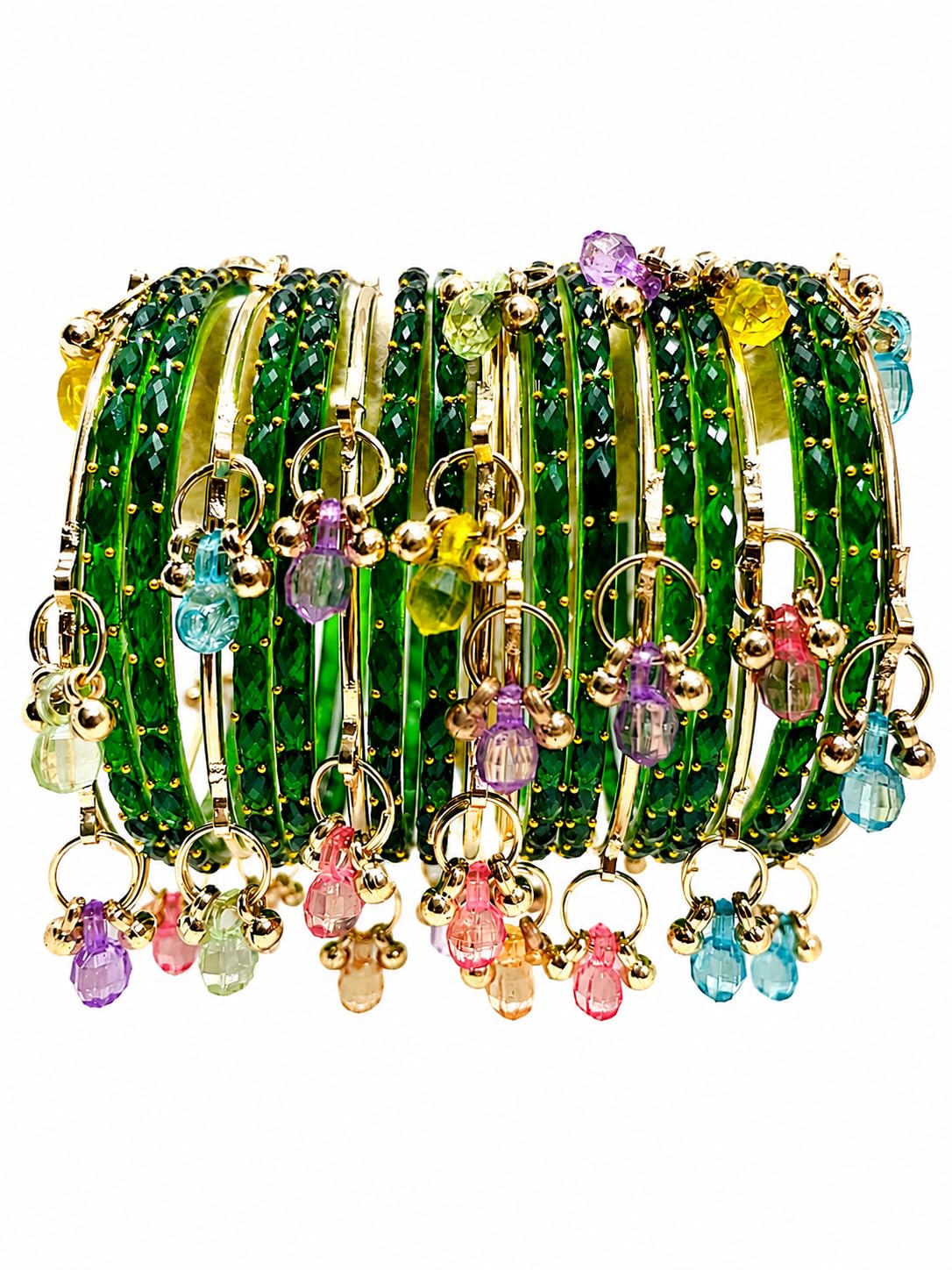 DIVINE GEHNA Green Crystal Bangle Set with Multicolour Charm Danglers | Kashmiri Glass Bangle | Traditional Indian Style, Pack of 20-picture-11