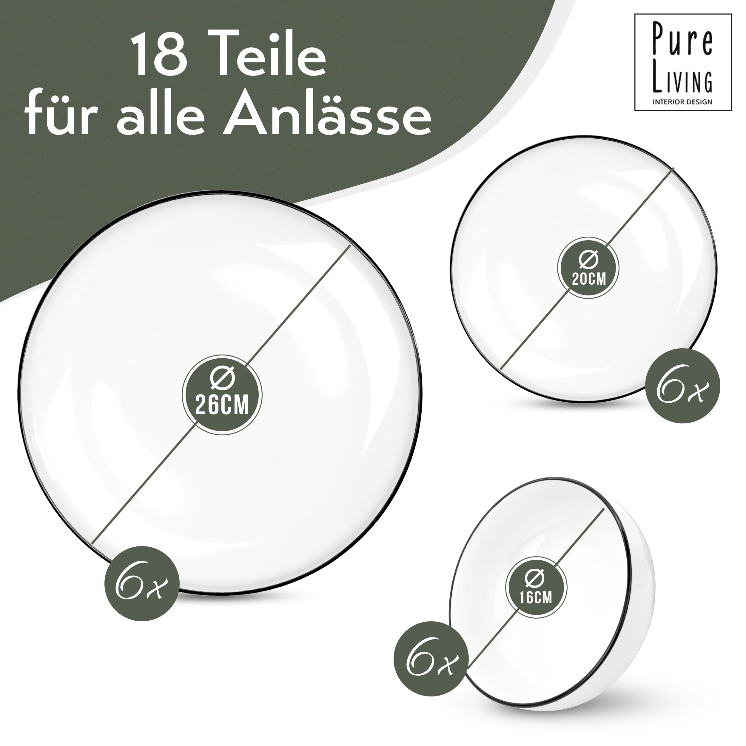 Geschirrset 6 Personen Scandi Style - Premium Porzellan weiß 18 Teile - Geschirr Set für Spülmaschine und Mikrowelle - Tafelservice, Schüssel- und Teller Set - Stilvolles Essgeschirr, Geschirr