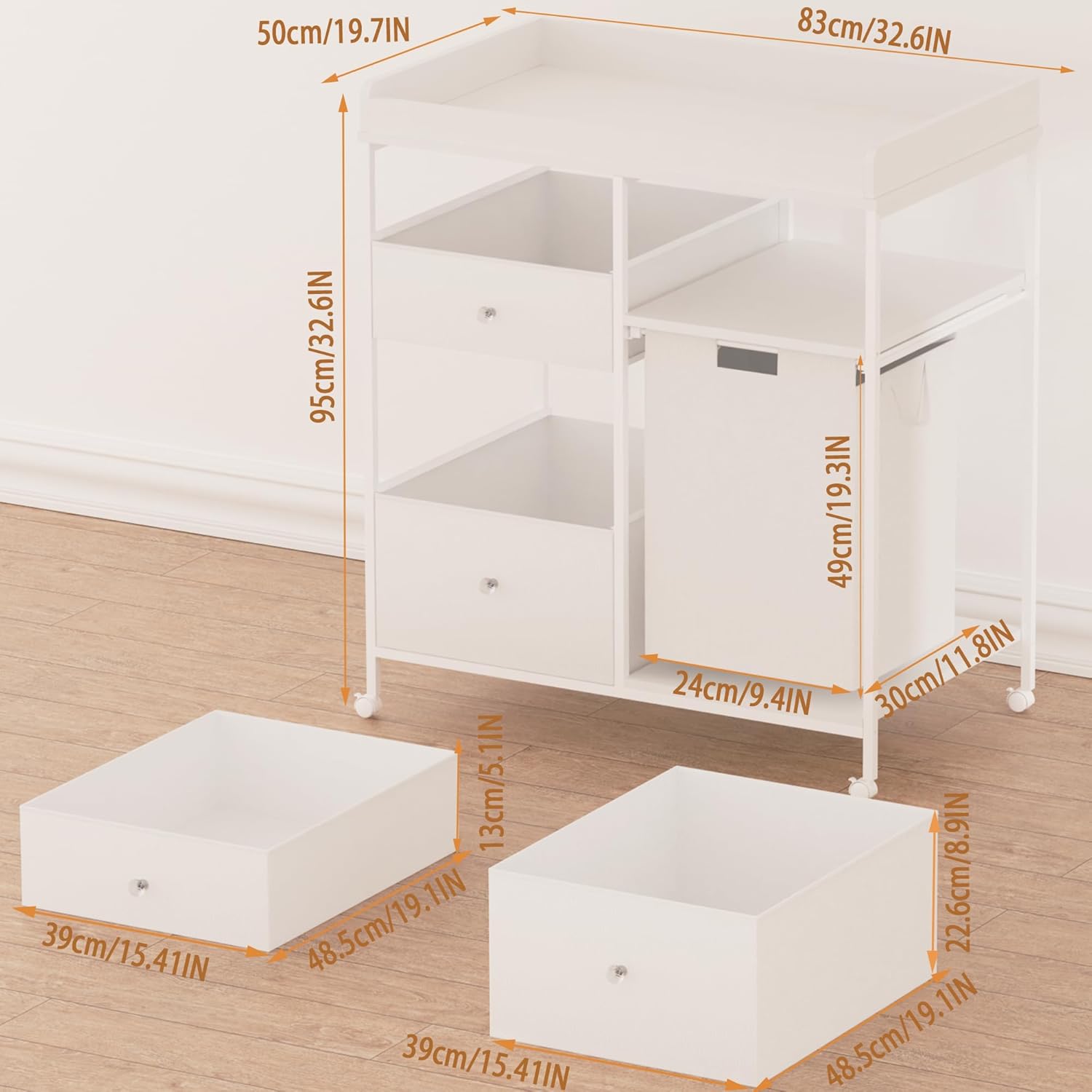 Diaper Changing Station with 4 Wheels Baby Nursery Dresser with 1 Open Shelf and 1 Laundry Hamper Baby Changing Station Dresser with Changing Table Top for Nursery