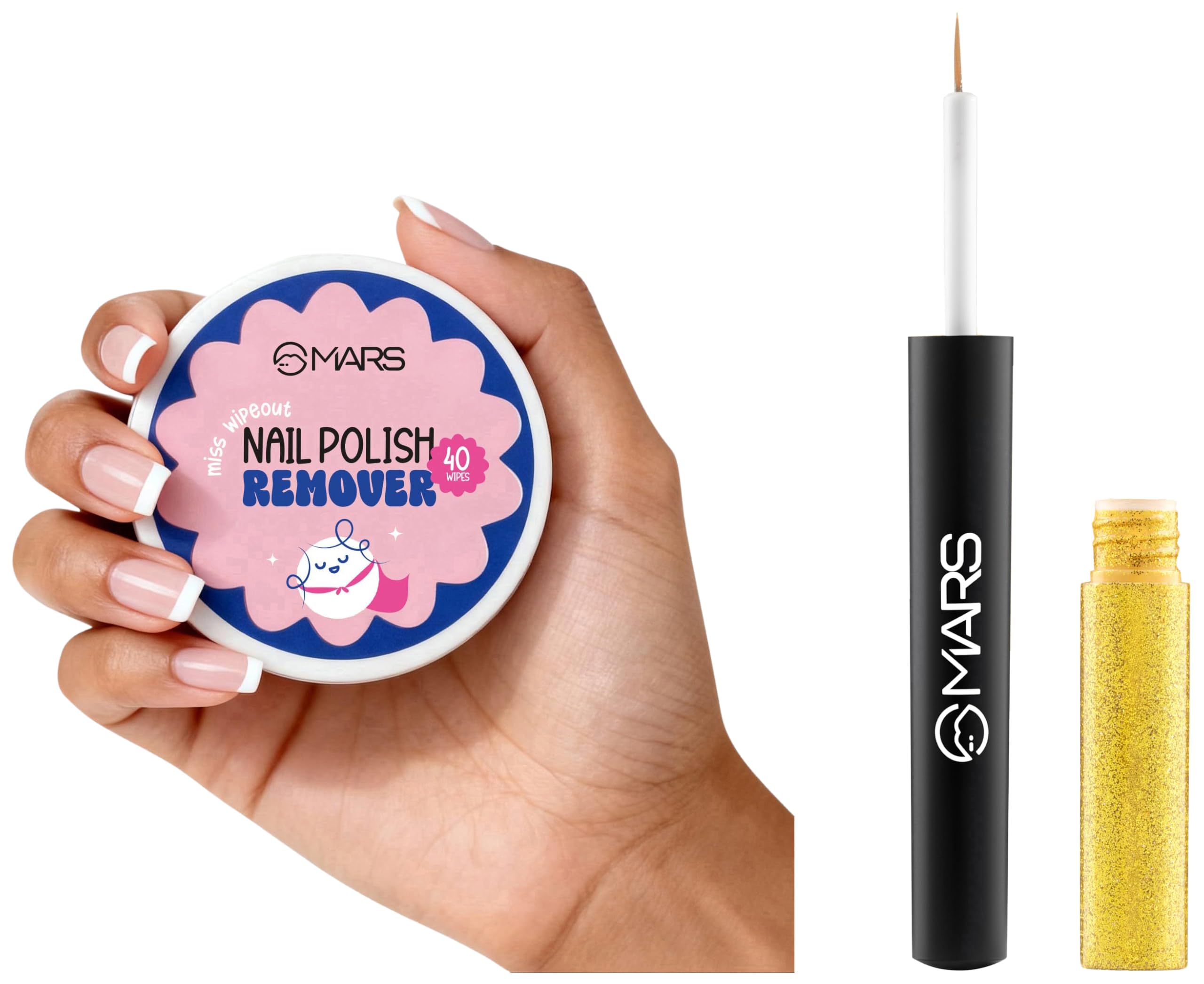 MARS Miss Wipe Out Nail Polish Remover Wipes (40 Wipes) Gentle & Travel-Friendly Twinkle Wink Glitter Eyeliner (1.6 ml) (01-GOLDEN GLEAM) Smudge-Proof-image-19