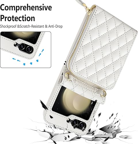 Miniatura 5 de Vofolen Funda para Samsung Galaxy Z Flip 5 con tarjetero, funda cruzada de 8 ranuras para tarjetas con correa ajustable, piel sintética suave con