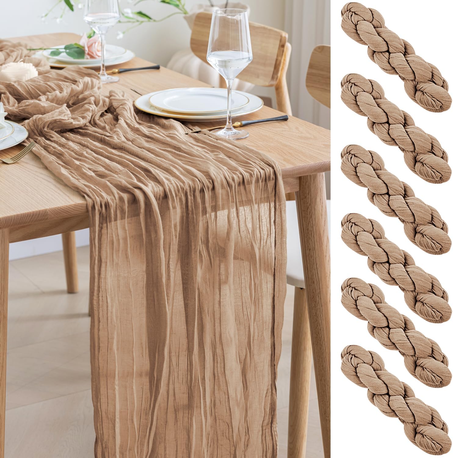 Asee'm 6pcs Cheesecloth Table Runner 120 Inches Long Nude Boho Gauze Cheese Cloth Runner 10FT Rustic Sheer Table Runners for Christmas Wedding Party Baby Shower Spring Easter Decoration 6 PACK Nude