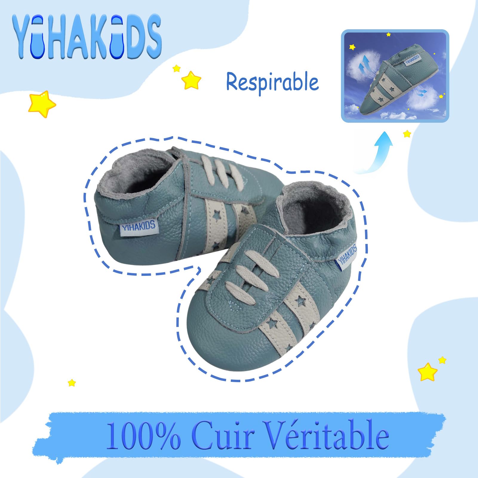 Des chaussures YIHAKIDS en cuir souple, parfaites pour les premiers pas de votre bébé.