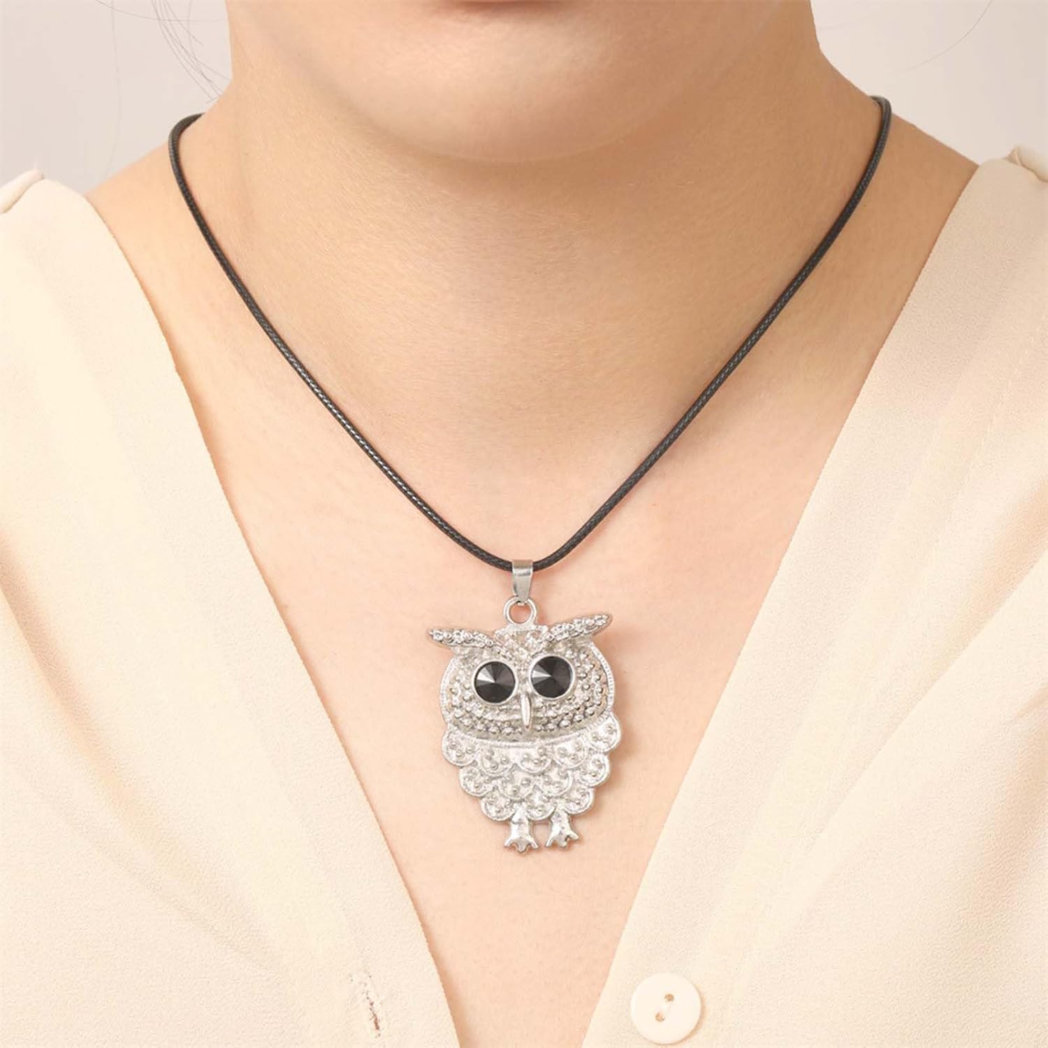 YienDoo Owl Necklaces Silver Vintage Owl Pendant Necklace Unique Animal Bird Pendant Owl Pendant Chain Necklace Black Rope Owl Necklaces Jewelry for Women - Image 2