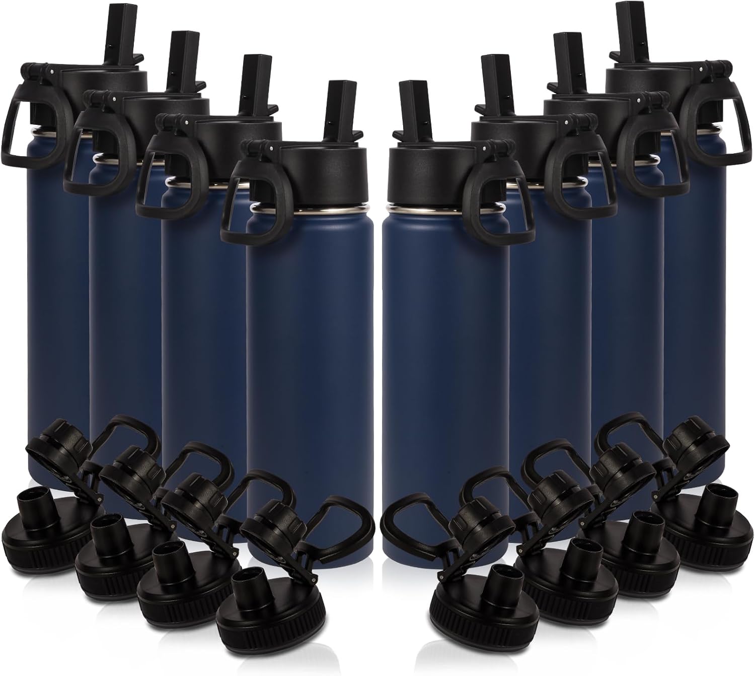 Volhoply 20oz Insulated Stainless Steel Water Bottle With Straw Lid Bulk 8 Pack,Kids Double Wall Vacuum Cups With Handle,Reusable Outdoor Sports Metal Bottles,Travel Flask Keep Cold&Hot(Navy,8)