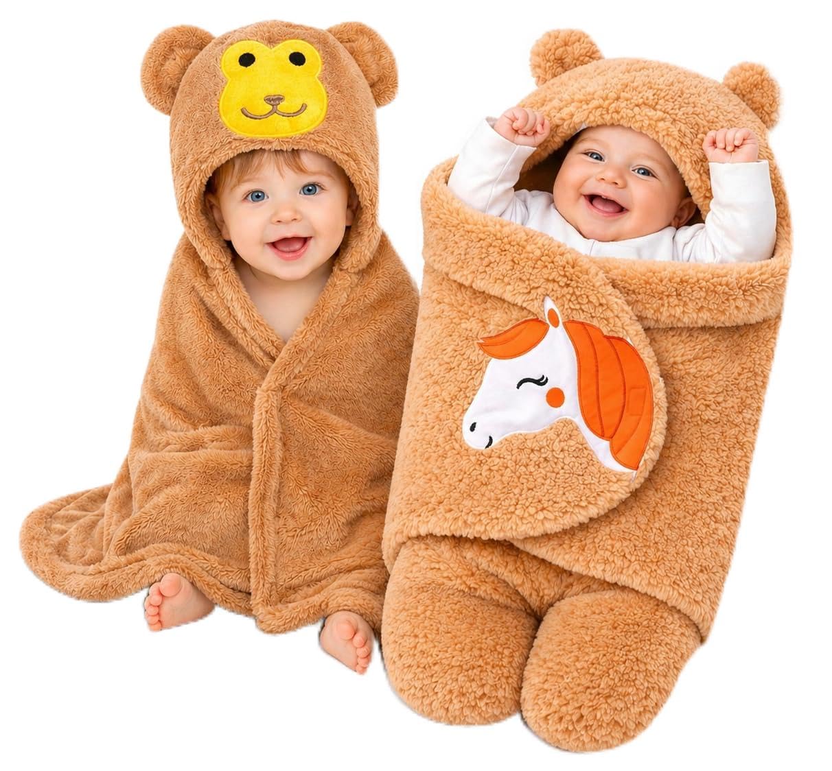 BRANDONN Baby Blankets New Born Combo Pack of Hooded Wrapper Sleeping Bag and Baby Bath Towel for 0-6 Months Baby Boys and Baby Girls Pack of 2