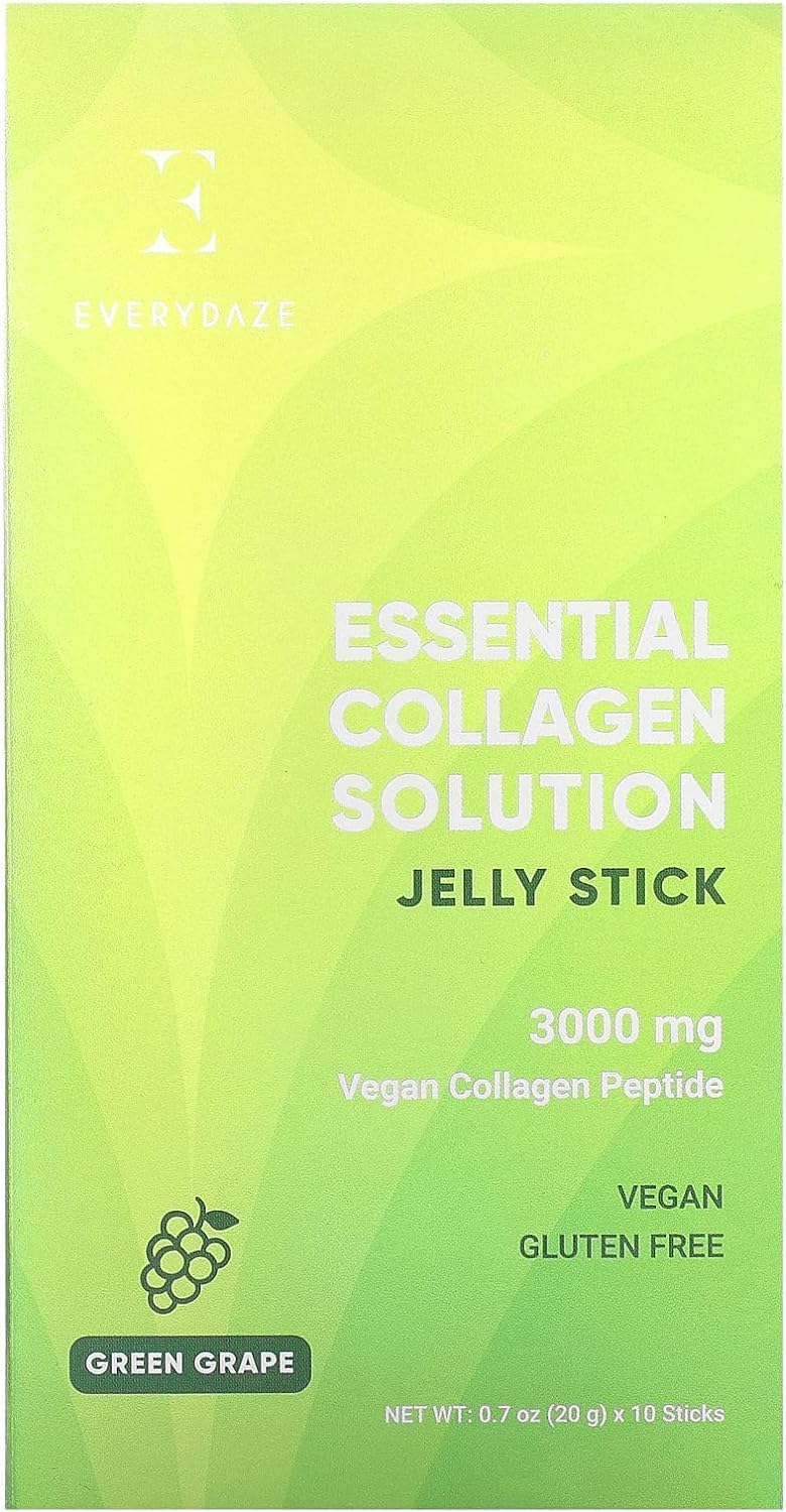 Essential Collagen Solution Jelly Stick, 3000 mg Vegan Collagen Peptide, Vitamins & Minerals, On-The-Go Snack… (10 packs, Green Grape)