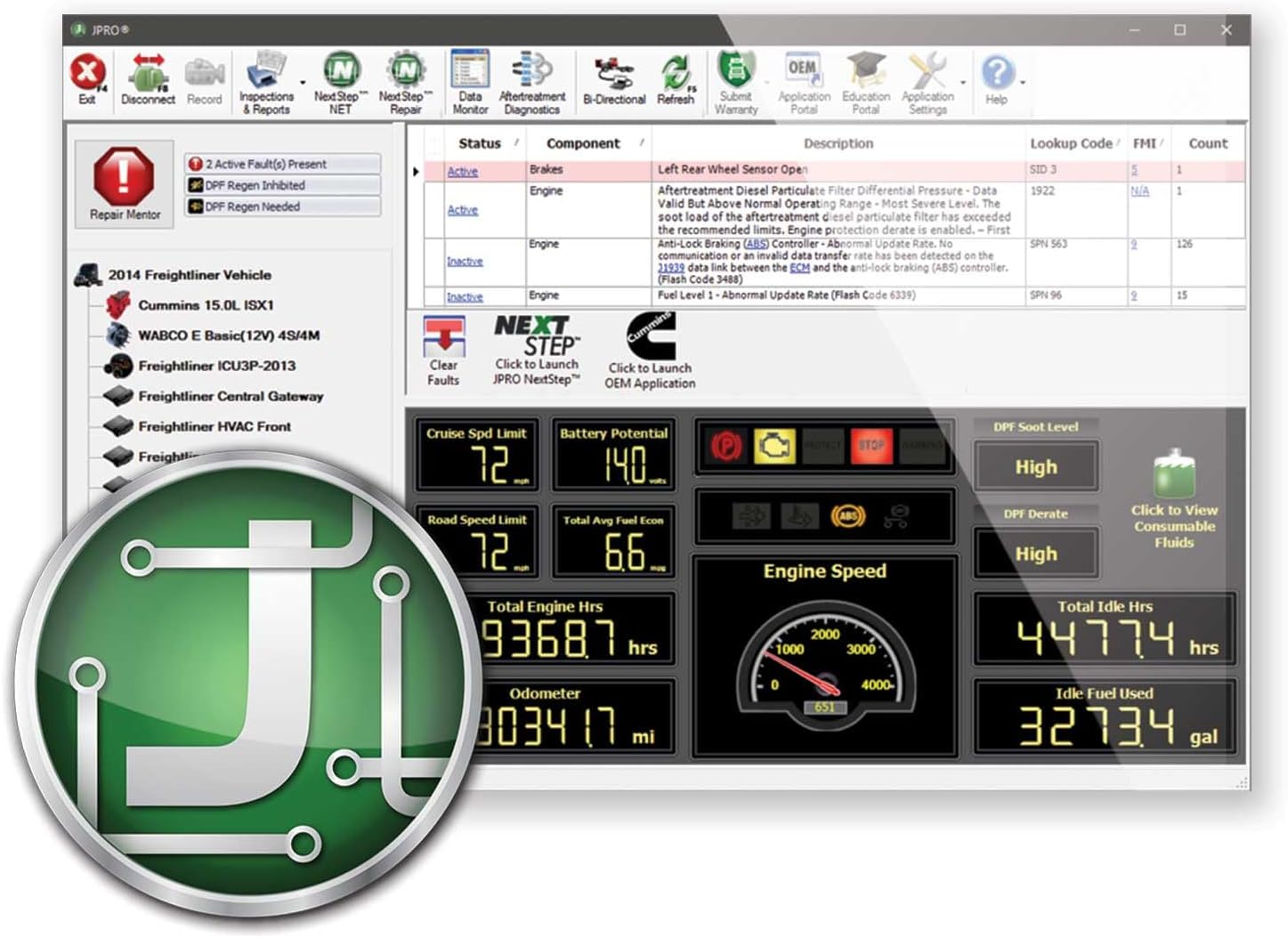 JPRO Diagnostic Software interface displaying vehicle data and faults