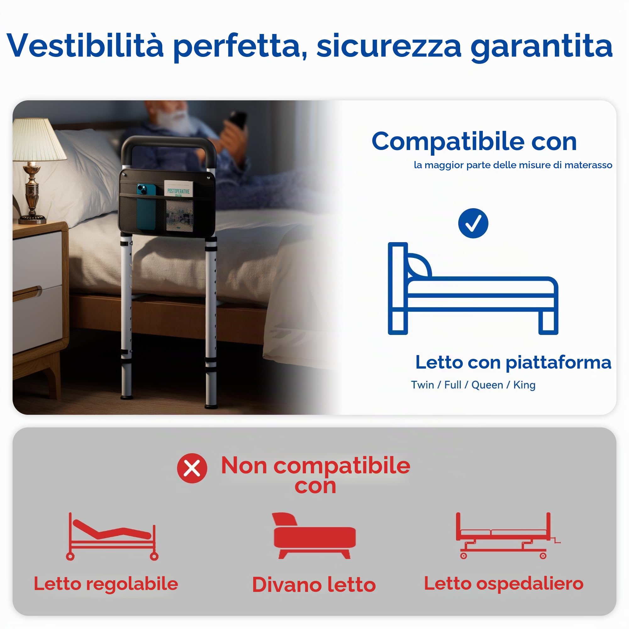 Sponda letto anziani regolabile in altezza con manico antiscivolo e custodia – Sbarra letto anziani anticaduta, supporto e ausilio per alzarsi dal letto