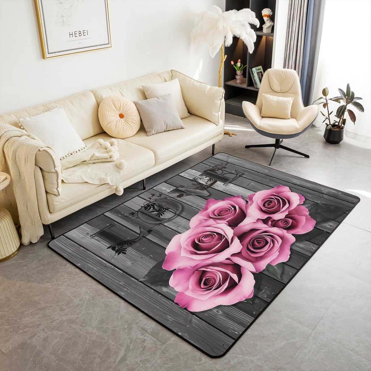 Erosebridal Turquoise Grey Carpet Teal Rose Flowers Area Rugs 3x5 for Bedside for Girls Men Women Valentine Day Wedding Living Room Rug Gifts for Couple Lover,Country Rose Floral Indoor Floor Mat