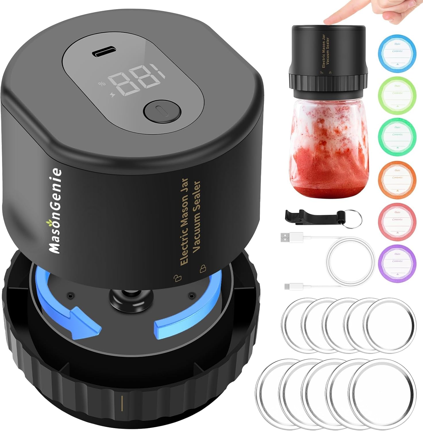 Mason Genie Vacuum Sealer, Wide Mouth and Regular Mouth Canning Lid Machine Kit for Food Storage (Black)
