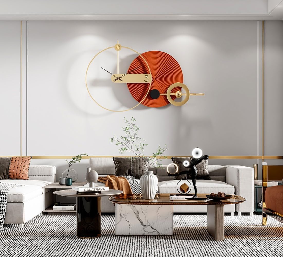House Warming Gifts New Home - Large Gold Round Decorative Wall Clock Silent Boho Farmhouse Metal Digital Wall Art Decor Oversized Modern Decor for Living Room Office Bedroom Kitchen Hotel 40" × 25"