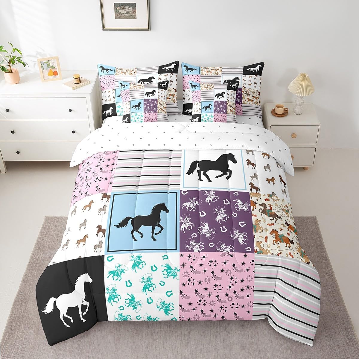 jejeloiu Kids Pink Bowknot Comforter Set with Sheets Full Size, Purple Bowknot Bed in a Bag 7 Pieces Boys Girls Delicate Bowknot Bed in a Set Teens Bedroom Decor 7Pcs