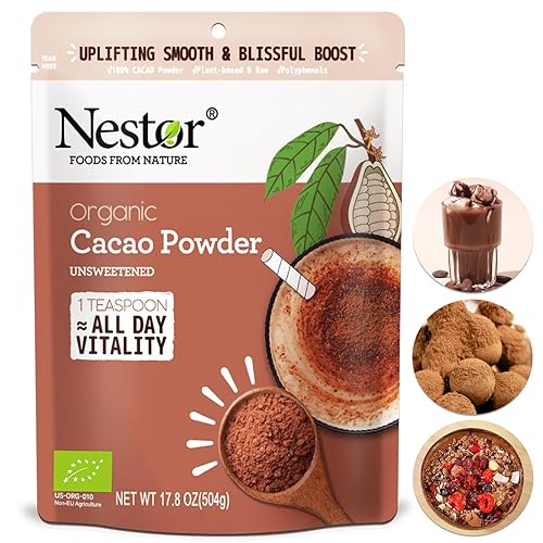 Nestor Cacao crudo 100% orgánico en polvo Kosher, superalimento no alcalinizado, sabor a chocolate, 50 calorías de 990 mg de polifenoles para la