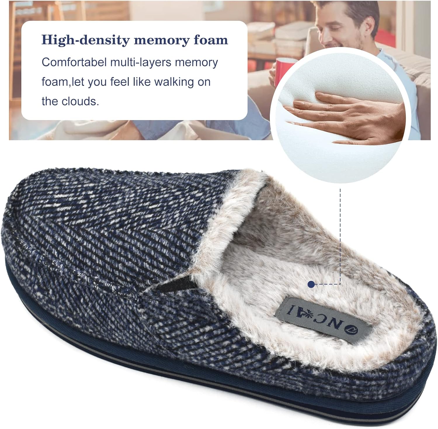 ONCAI Mens Clog Slippers with Arch Support Stripe Faux Fur Cotton-Blend High-Density Memory Foam Warm House Slippers Slip-on Indoor Outdoor Rubber Sole Size 7-16 - Image 4