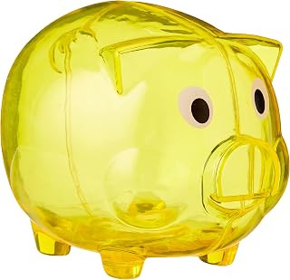 eBuyGB Transparent Plastic Piggy Money Savings Box Pig Coin Bank for Girls & Boys, Birthday Gift for Kids, Yellow, One Size